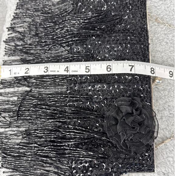 Beaded Black Evening Bag Clutch Kisslock Closure Beaded Fringe Silver Hardware - Picture 3 of 8